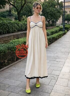 ZARA Cream Contrast Trim Maxi Dress NWT Resort Vacation Coastal Chic M L